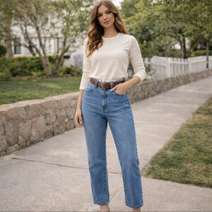 Sol High Rise Mom Blue Jeans Size 13 Elastic Waist, Front Back Pockets 34 x 26.5